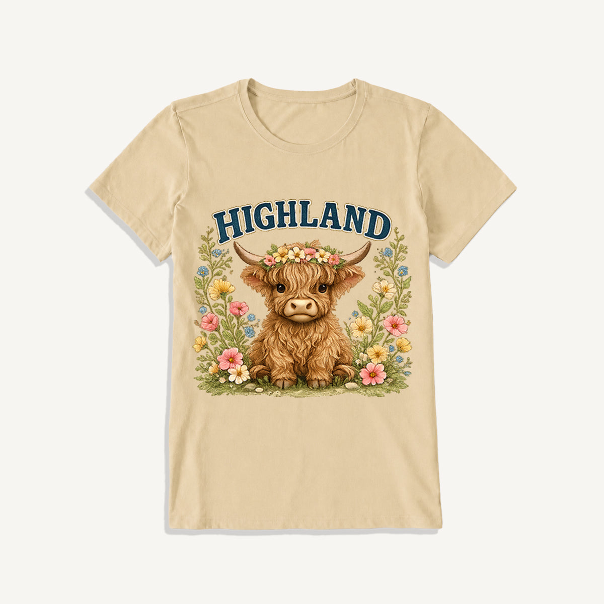 Highland Cow Wildflower Print Crew Neck Cotton Tee