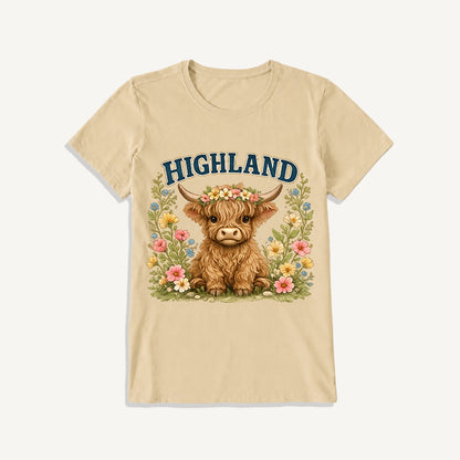 Highland Cow Wildflower Print Crew Neck Cotton Tee
