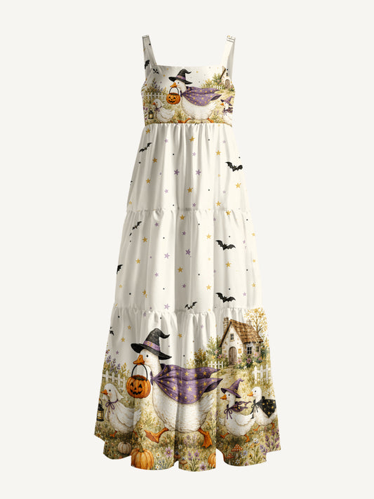 Moonlit Pumpkin Goose Parade Print Wide Straps Maxi Dress With Pockets
