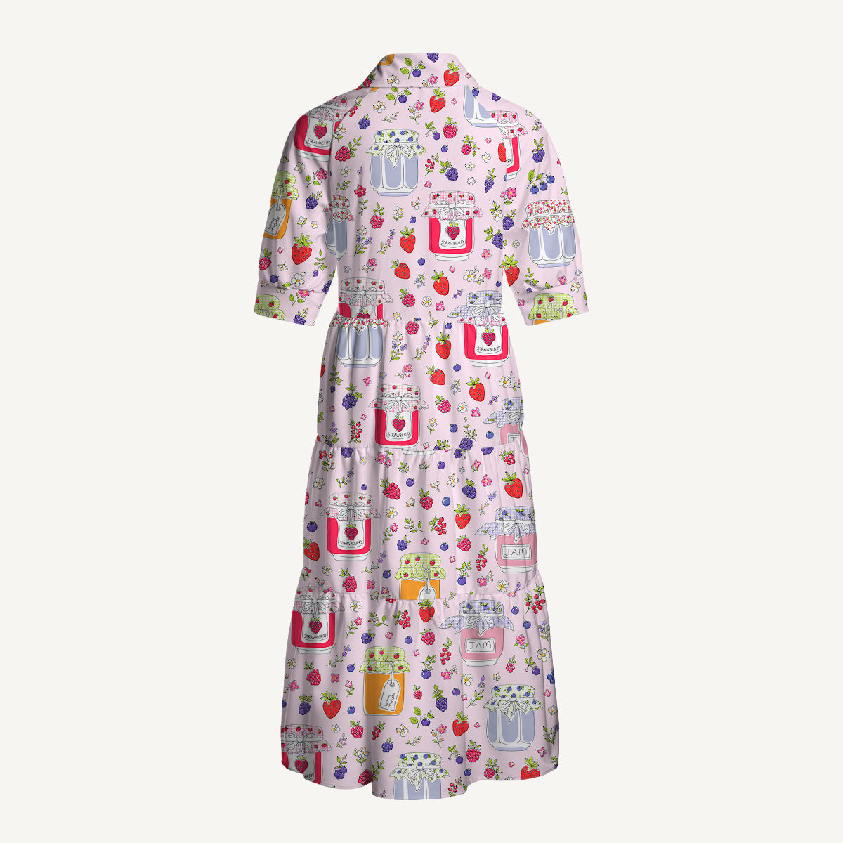 V Neck Collared Strawberry Jam Print Casual Midi Dress With Pockets