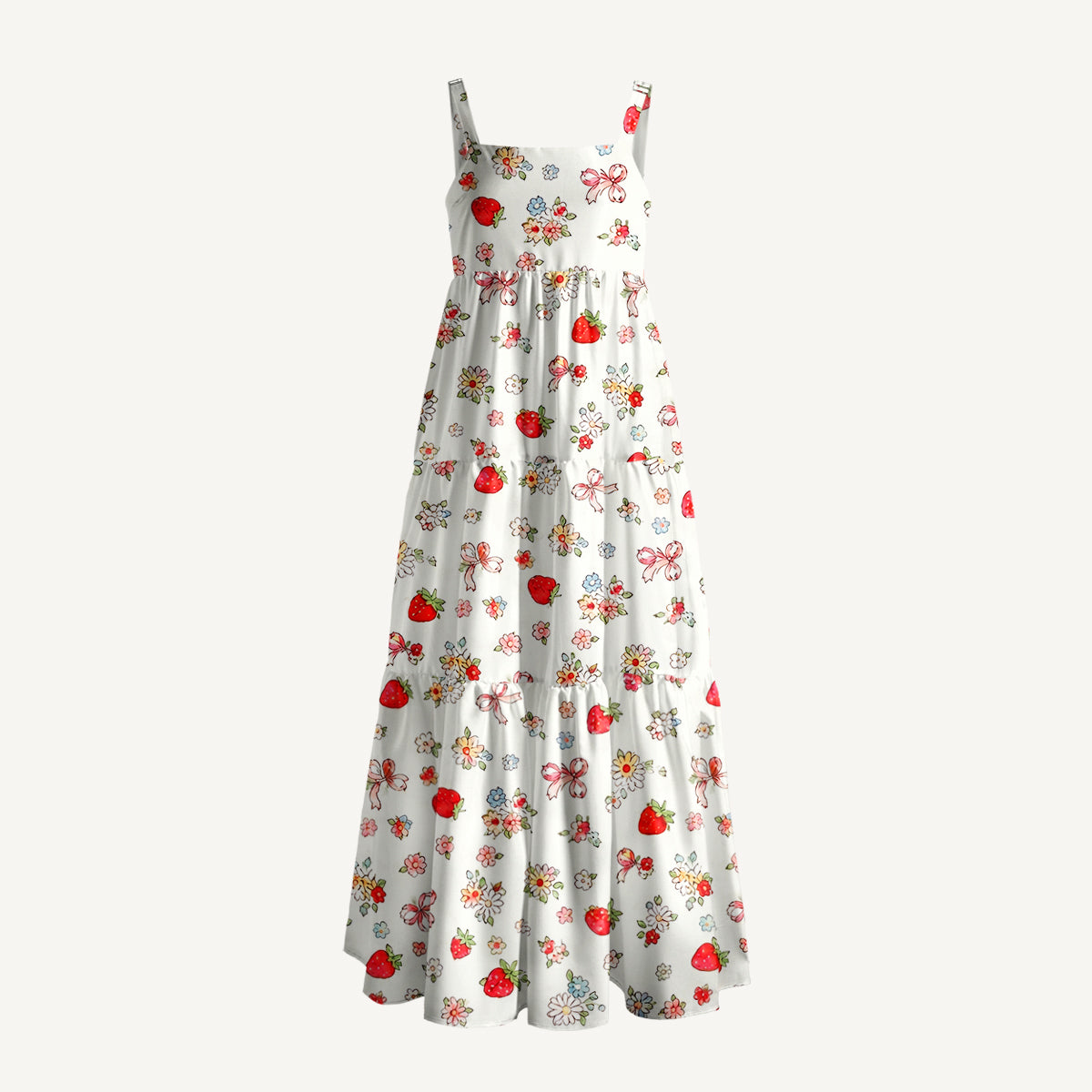 Strawberry Bow Print Wide Straps Maxi Dress With Pockets