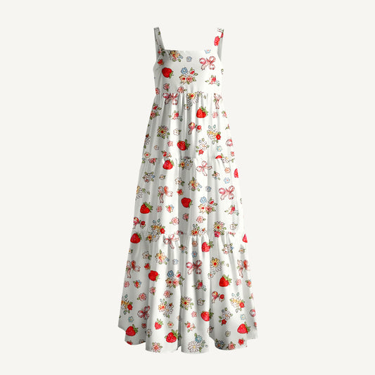 Strawberry Bow Print Wide Straps Maxi Dress With Pockets