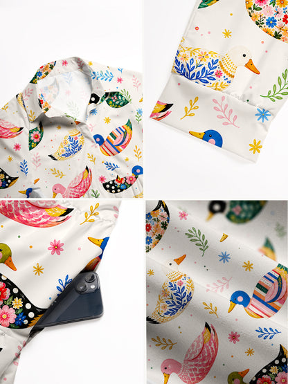 V Neck Collared Whimsical Floral Ducks Print Casual Midi Dress With Pockets