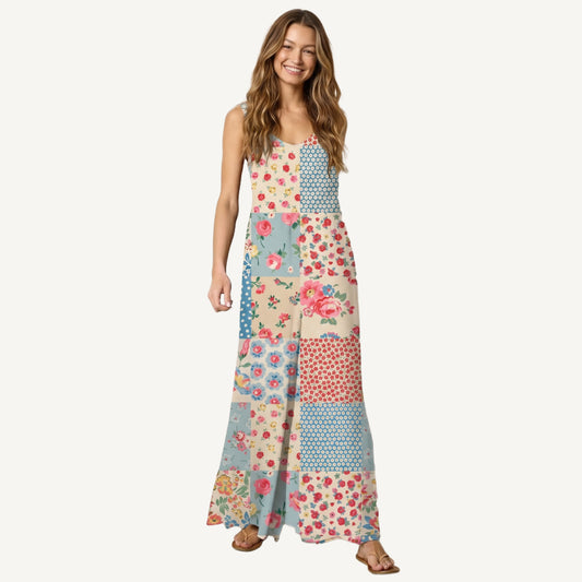 V-Neck Pastel Patc Boho Jumpsuit with Pockets for Women