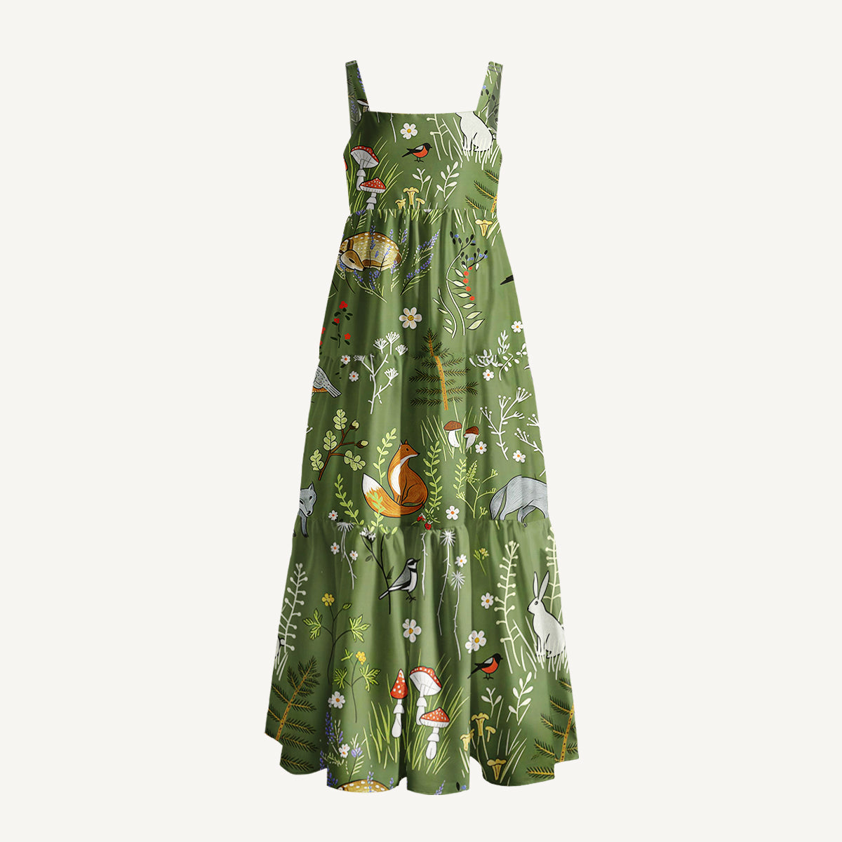 Whimsical Woodland Animals Print Wide Straps Maxi Dress With Pockets