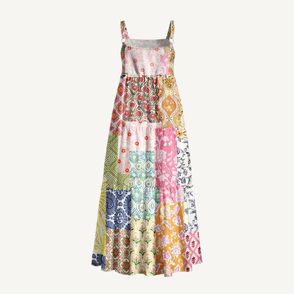 Colorful Bohemian Patchwork Print Wide Straps Maxi Dress With Pockets