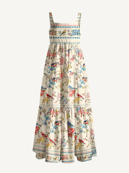 Vintage Floral Songbirds Print Wide Straps Maxi Dress With Pockets