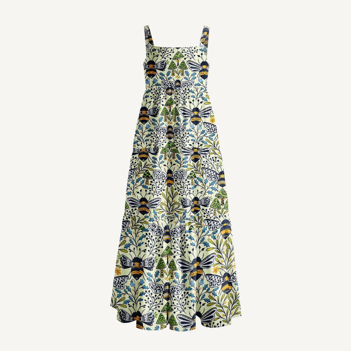 Botanical Bee Garden Print Wide Straps Maxi Dress With Pockets