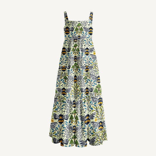 Botanical Bee Garden Print Wide Straps Maxi Dress With Pockets