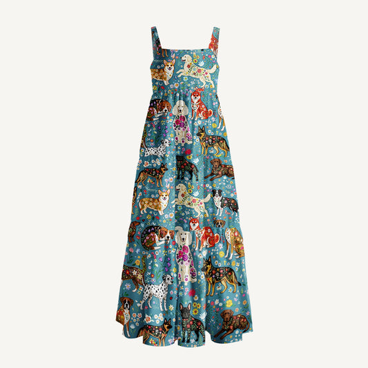 Cute Flower Dog Print Wide Straps Maxi Dress With Pockets