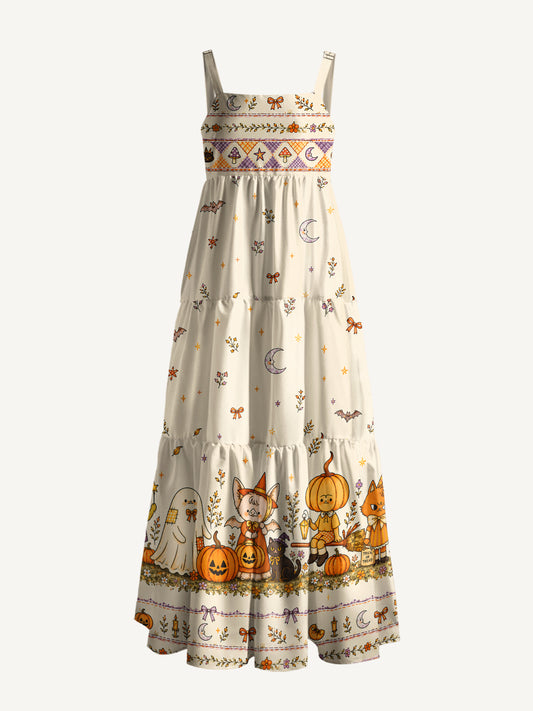 Whimsy Halloween Friends Print Wide Straps Maxi Dress With Pockets
