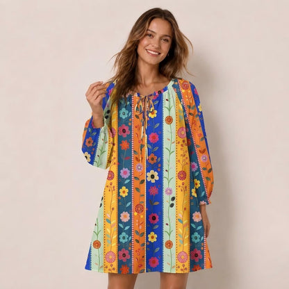 Rainbow Garden Colorblock Print Boho Long Sleeve Tie‑Neck Smock Mini Dress