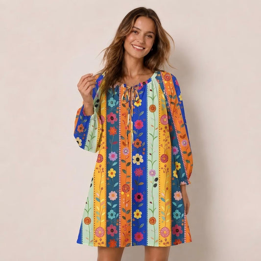 Rainbow Garden Colorblock Print Boho Long Sleeve Tie‑Neck Smock Mini Dress