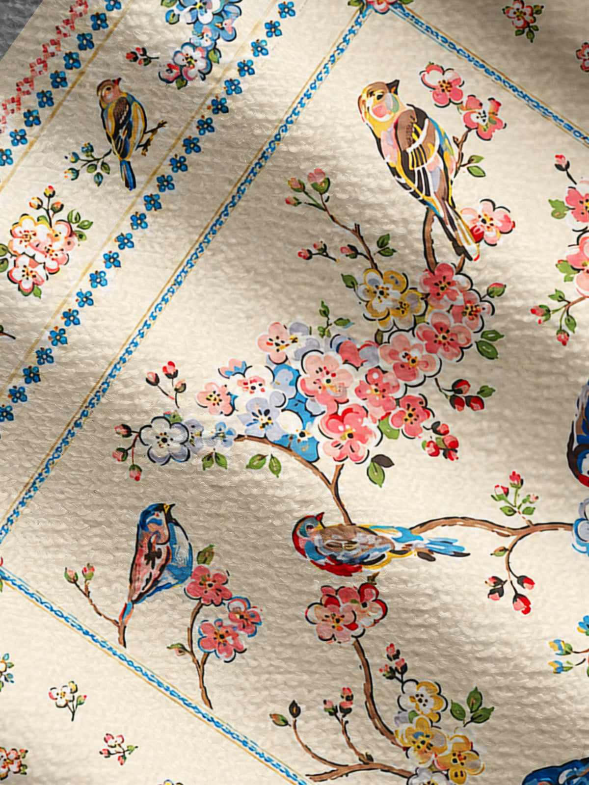 Lightweight Crew Neck Long‑Sleeve Cropped Vintage Floral Songbirds Print Fine‑Knit Cardigan