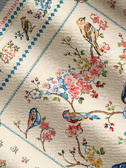 Lightweight Crew Neck Long‑Sleeve Cropped Vintage Floral Songbirds Print Fine‑Knit Cardigan