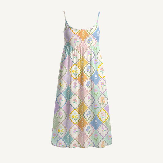 Pastel Floral Lattice Print Spaghetti Strap Mini Dress