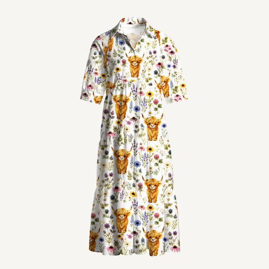 Farm Animal Boho Highland Cow Print Casual Midi Dress With Pockets