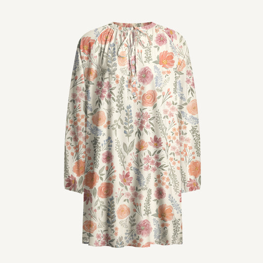The Wild Flowers Print Boho Tie‑Neck Smock Mini Dress