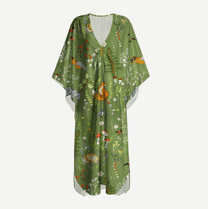 Whimsical Woodland Animals Kimono Sleeve Kaftan Dress