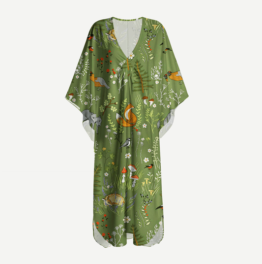 Whimsical Woodland Animals Kimono Sleeve Kaftan Dress