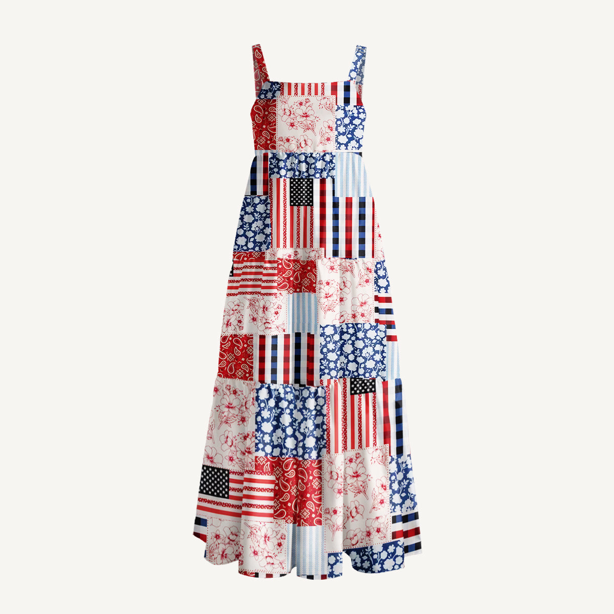 Patriotic Patchwork Quilt Wide Straps Maxi Dress With Pockets
