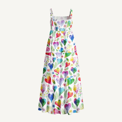Colorful Doodle Love Pattern Print Wide Straps Maxi Dress With Pockets