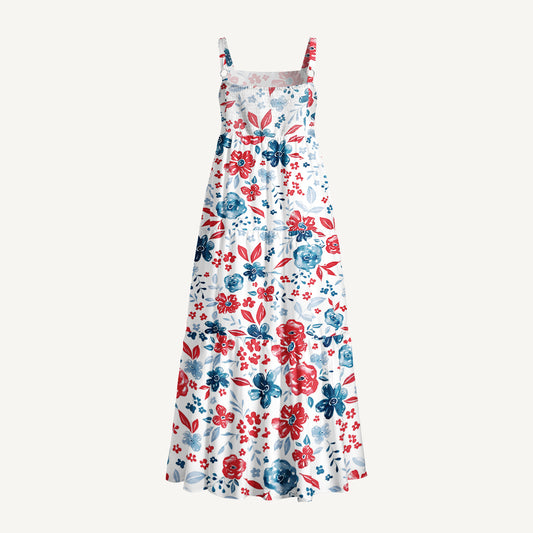 Patriotic Floral American Flag Print Wide Straps Maxi Dress With Pockets
