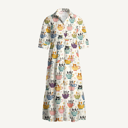 V Neck Collared Perler Bead Cat Print Casual Midi Dress With Pockets