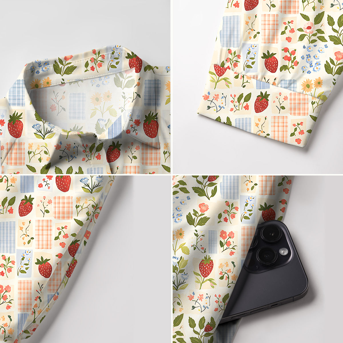 V Neck Collared Strawberry Garden Patchwork Mini Dress For Women With Pockets