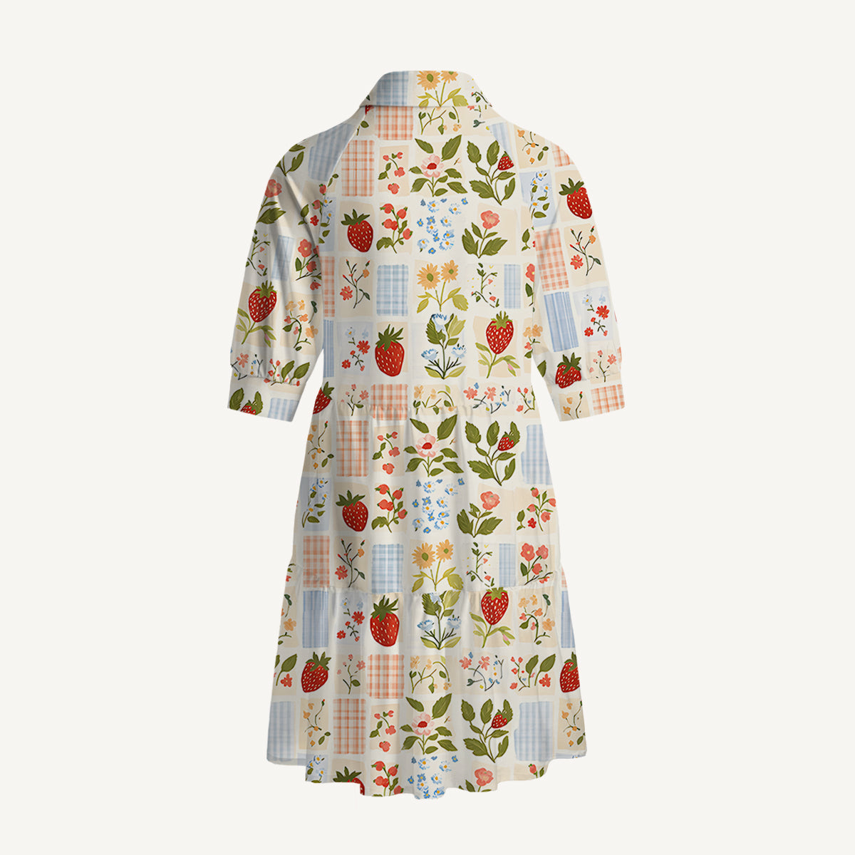 V Neck Collared Strawberry Garden Patchwork Mini Dress For Women With Pockets