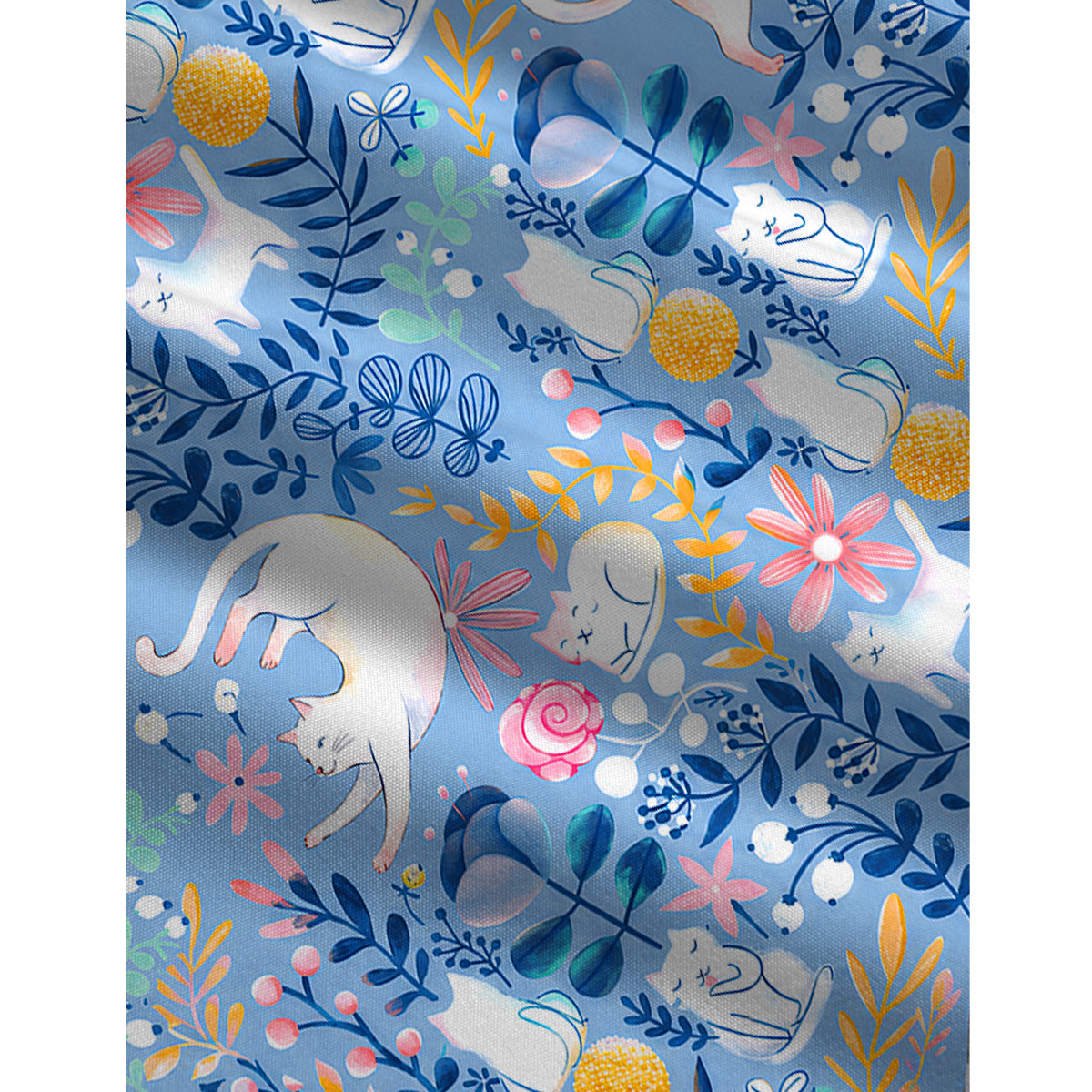 Blue Leaf Cat Print Boho Jumpsuit with Pockets for Women