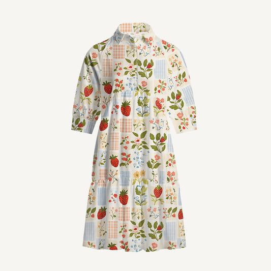 V Neck Collared Strawberry Garden Patchwork Mini Dress For Women With Pockets