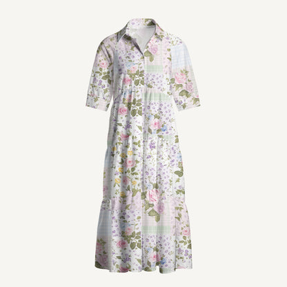 V Neck Collared Pastel Rose Casual Midi Dress With Pockets