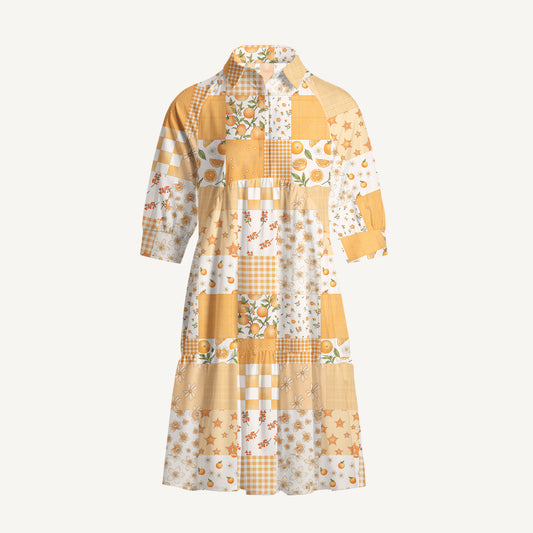V Neck Collared Lemon Sunshine Patchwork Mini Dress For Women With Pockets