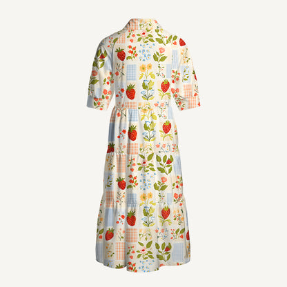 V Neck Collared Strawberry Garden Patchwork Casual Midi Dress With Pockets