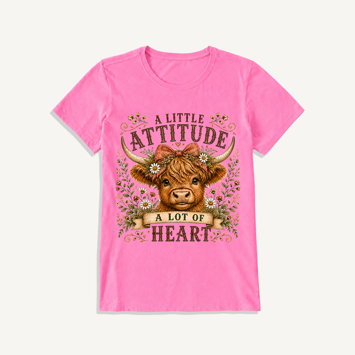 Little Attitude Highland Cow Print Crew Neck Cotton Tee