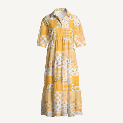 V Neck Collared Lemon Sunshine Patchwork Casual Midi Dress With Pockets