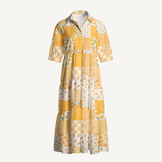 V Neck Collared Lemon Sunshine Patchwork Casual Midi Dress With Pockets