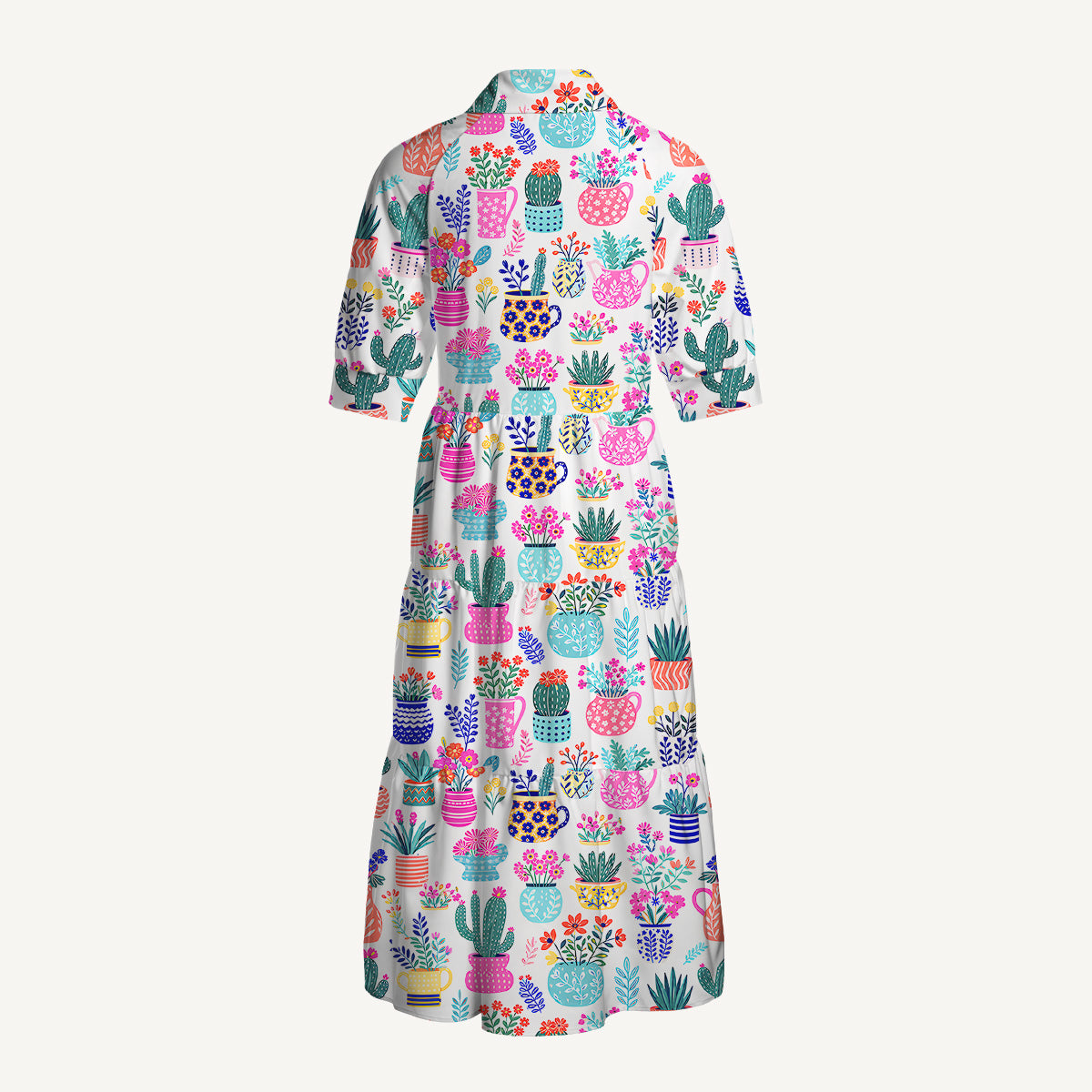 V Neck Collared Cactus and Flowers Casual Midi Dress With Pockets