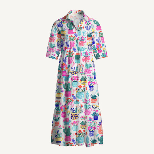 V Neck Collared Cactus and Flowers Casual Midi Dress With Pockets