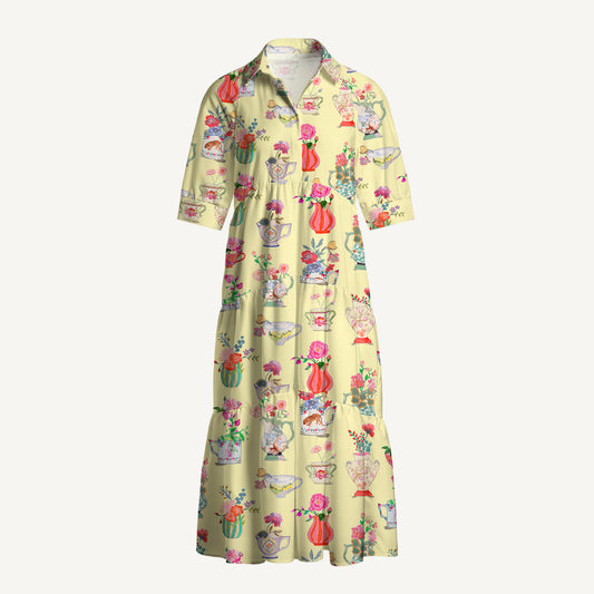 V Neck Collared Colorful Flower Vase Print Casual Midi Dress With Pockets