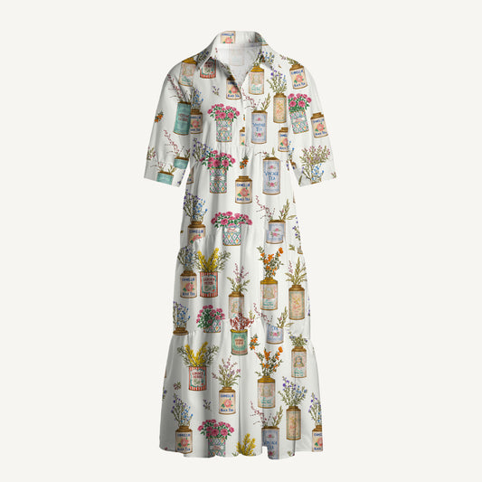 V Neck Collared Colorful Vintage Tea Cans Print Casual Midi Dress With Pockets
