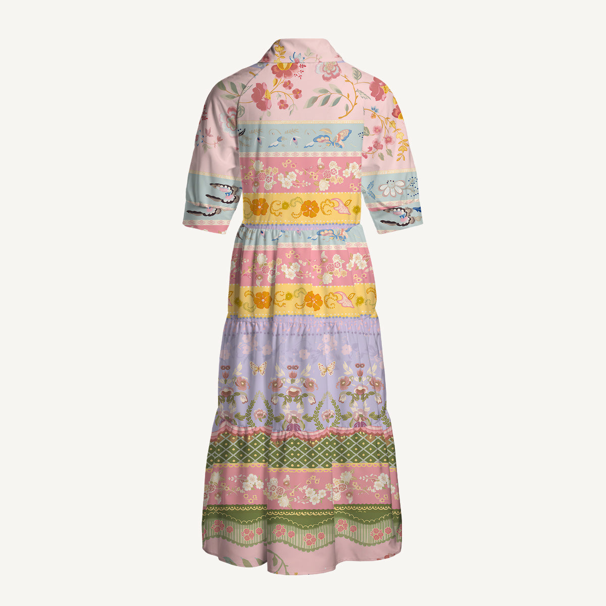 V Neck Collared Romantic Floral Ribbon Stripes Print Casual Midi Dress With Pockets