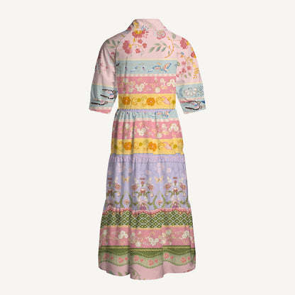 V Neck Collared Romantic Floral Ribbon Stripes Print Casual Midi Dress With Pockets