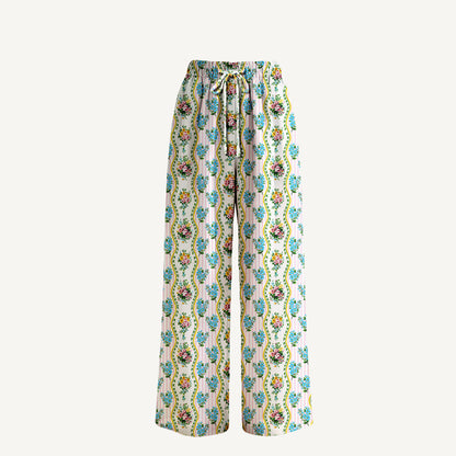 Boho Vintage Bouquet Rose Wide Leg Tie Waist Pants With Pockets