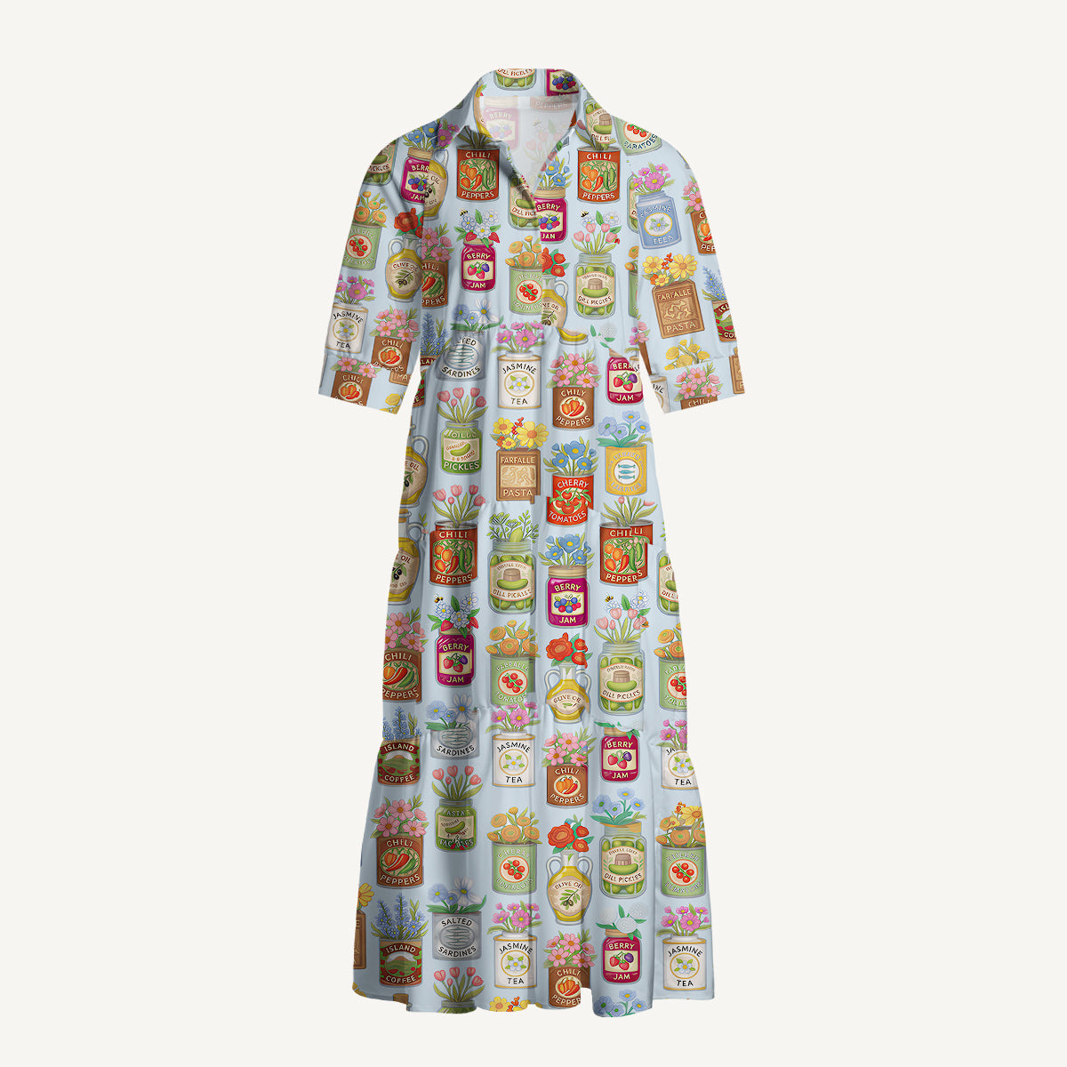 V Neck Collared Vintage Pantry Label Print Casual Midi Dress With Pockets
