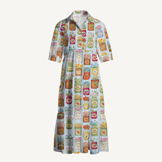 V Neck Collared Vintage Pantry Label Print Casual Midi Dress With Pockets