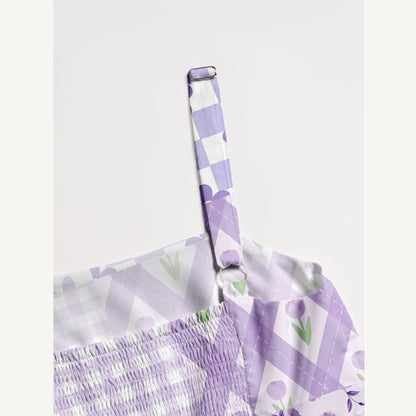 Lavender Daisy & Gingham Print Quilt Wide Straps Maxi Dress With Pockets