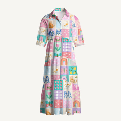 V Neck Collared Pastel Patchwork Kitty Print Casual Midi Dress With Pockets