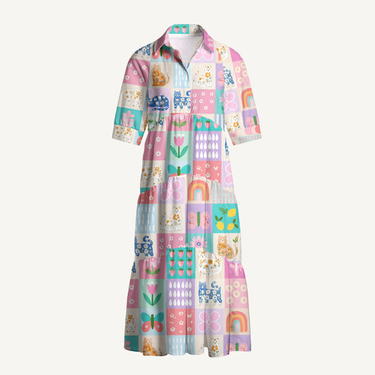 V Neck Collared Pastel Patchwork Kitty Print Casual Midi Dress With Pockets